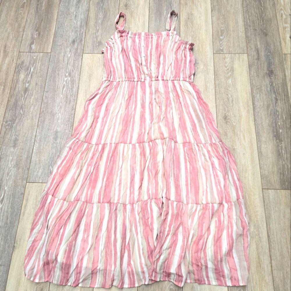 Robert Louis Striped Long Dress Pink White Flattering Stretch Waist Lined Sz Xl